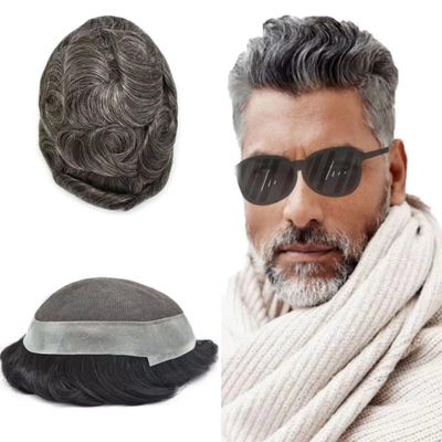 Mens Toupee Human Hair French Lace Center Poly Skin Around Hair System for Men Hair Replacement System Breathable Hairpiece Durable Toupee 8"X10"#240 Darkest Brown+40% Gray-120% Density