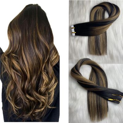 12inch Tape in Hair Extensions Natural Black Balayage Light Blonde Highlight Black Straight Remy Human Hair Extensions Tape in Natural Hair PU Skin Weft 20pcs 50g