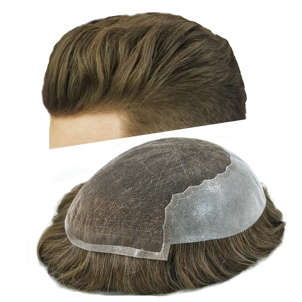 Hair Wonders French Lace Front Hair System For Men Hairpieces Toupee For Men Real Human Hair Mens Toupee Hair Replacement Men Hair System 7x9Light to medium density#720 7# VERY LIGHT BROWN+20% GREY