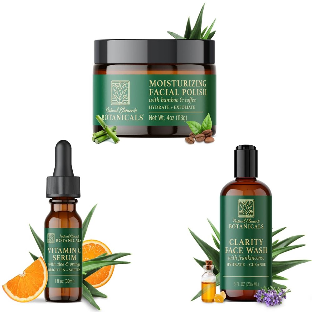 Natural Elements Botanicals Skincare Combo | 4 oz Facial Polish Scrub, 8 oz Face Wash & 1 oz Vitamin C Serum