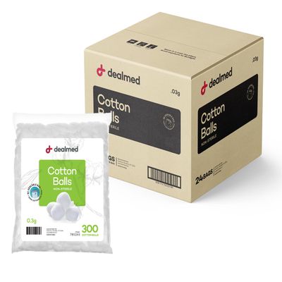 Dealmed 300 ct. Cotton Balls for Face, Makeup, Medical Uses, & DIY Crafts | Non-Sterile Bulk Pack | Resealable Zip-Locked Bag | 100% Pure Cotton, Soft, Absorbent, Gentle (Case of 24)