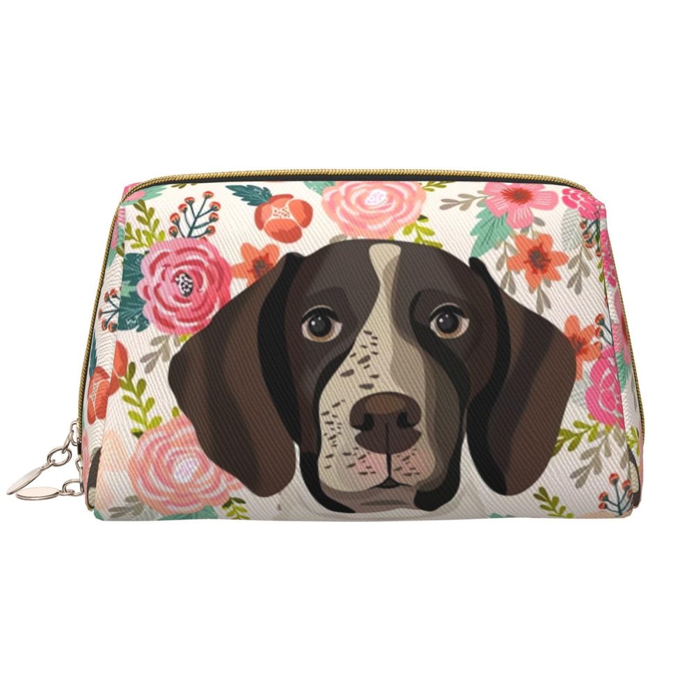 Xsovgoi German Shorthaired Pointe Dogs Floral Boho Flowers Leather Makeup Bag Organizer Travel Cosmetic Bag 8.3"X3.6"X5.3"