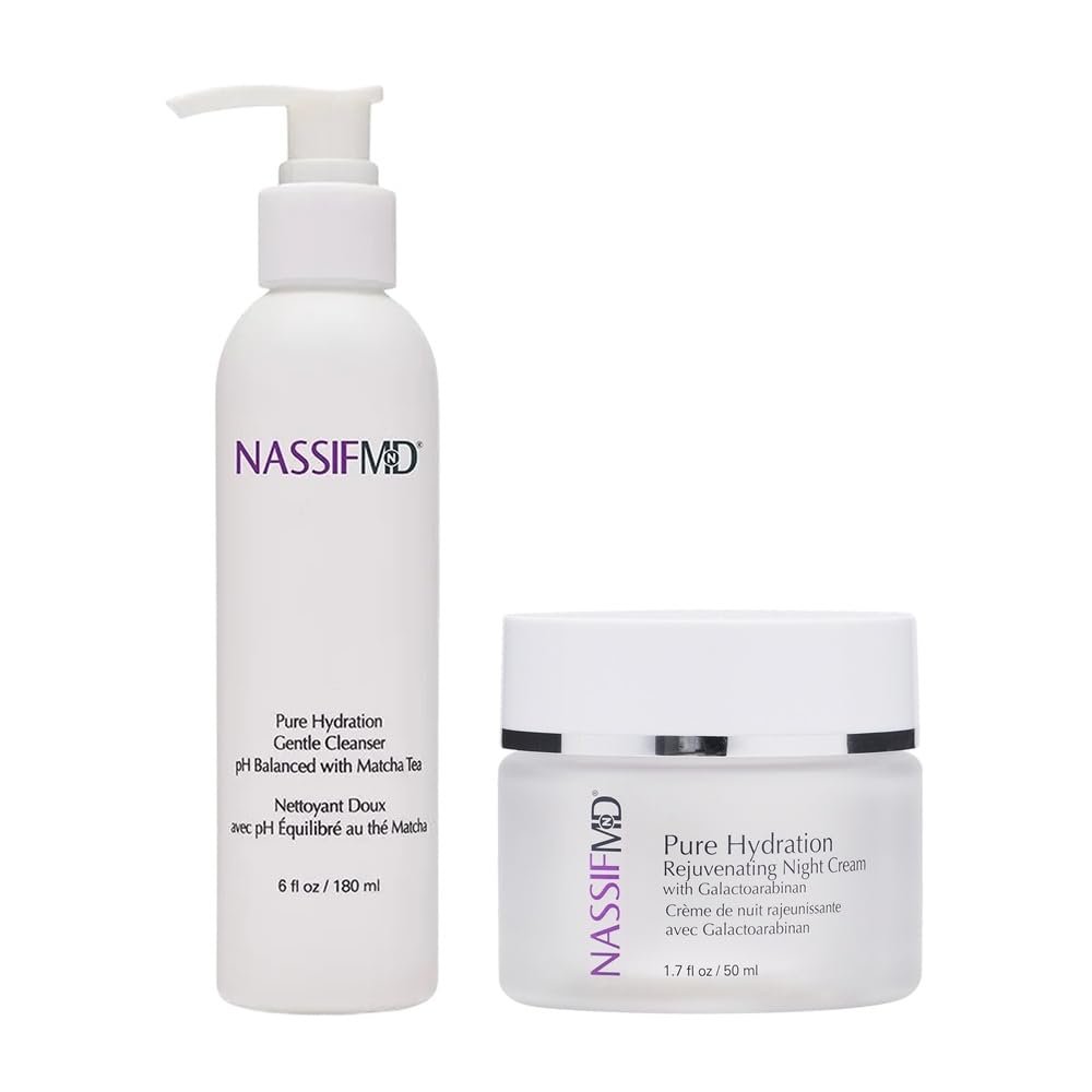 NASSIF MD Pure Hydration Facial Cleanser & Pure Hydration Rejuvenating Night Cream Bundle, Matcha Cleanser, Hydrating Face Cleanser with Vitamin C, Vitamin C Cream, Anti Aging Moisturizer