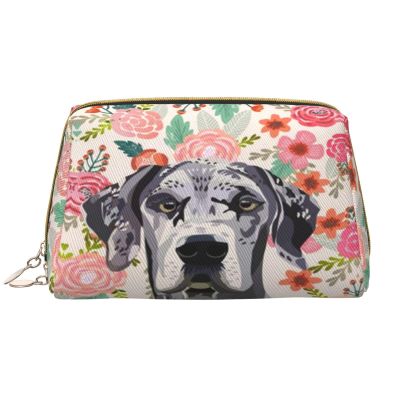 Xsovgoi Great Dane Dogs Floral Boho Flowers Leather Makeup Bag Organizer Travel Cosmetic Bag 8.3"X3.6"X5.3"