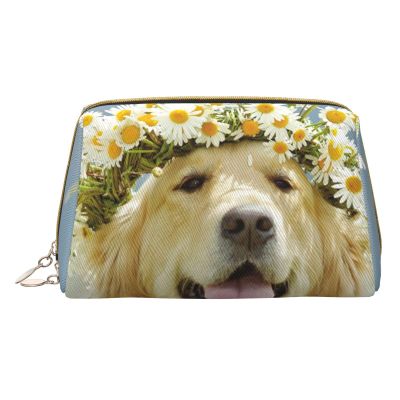 Xsovgoi Golden Retriever Dog Leather Makeup Bag Organizer Travel Cosmetic Bag 6.7"X3"X4.3"