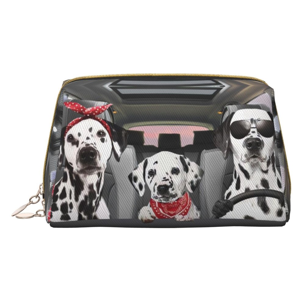 Xsovgoi Dog Family Driving Car Leather Makeup Bag Organizer Travel Cosmetic Bag 6.7"X3"X4.3"