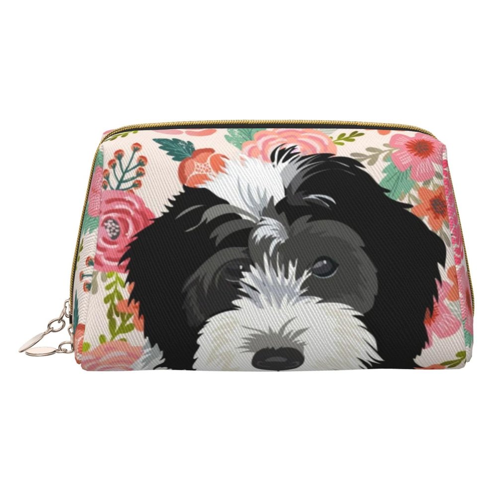 Xsovgoi Bernedoodle Dogs Floral Boho Flowers Leather Makeup Bag Organizer Travel Cosmetic Bag 6.7"X3"X4.3"