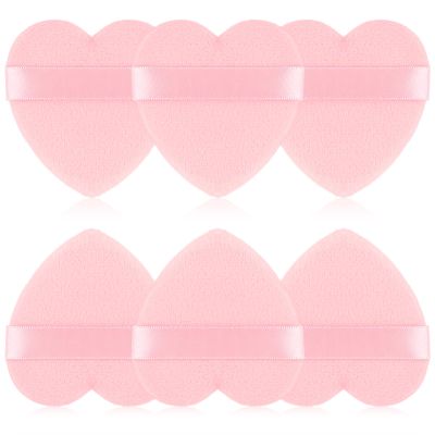 Gjinxi Cottons Powder Puff 6 Pcs Face Powder Puff Heart Makeup Puff Velour Soft Puffs Dry Wet Setting MIni Beauty Tool Reusable Puff With Strap For Setting, Contouring, Eyes, (Pink)
