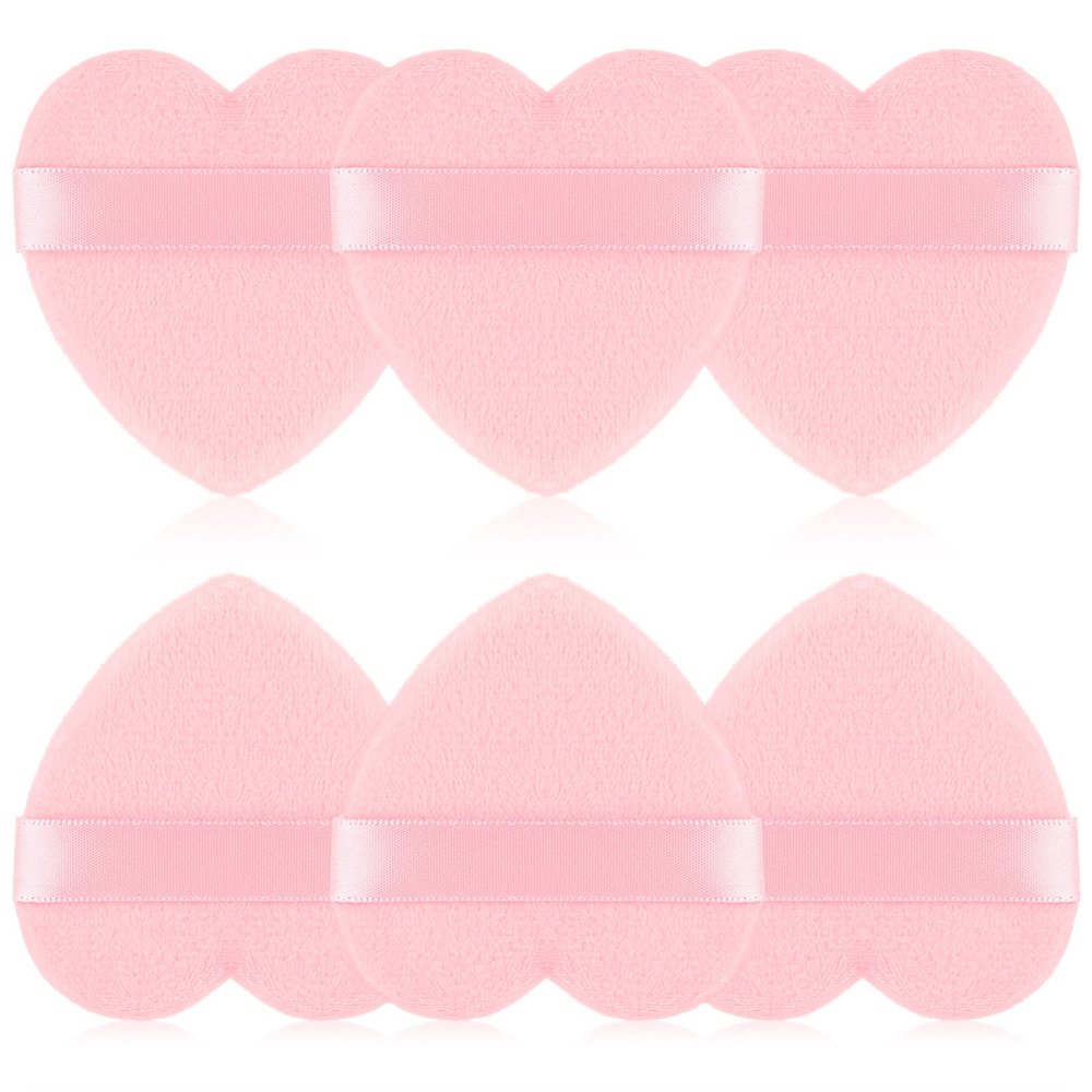 Gjinxi Cottons Powder Puff 6 Pcs Face Powder Puff Heart Makeup Puff Velour Soft Puffs Dry Wet Setting MIni Beauty Tool Reusable Puff With Strap For Setting, Contouring, Eyes, (Pink)