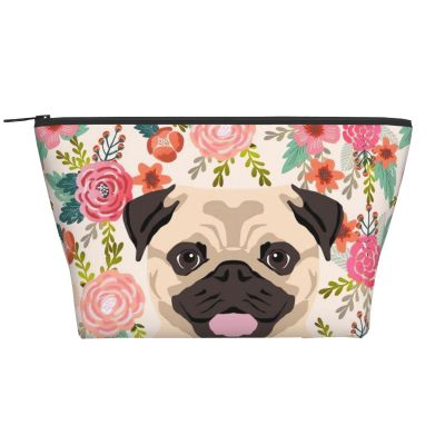 Xsovgoi Pug Dogs Floral Boho Flowers Travel Makeup Bag Organizer, Cosmetic Bags, Multi Purpose Pouch Bag