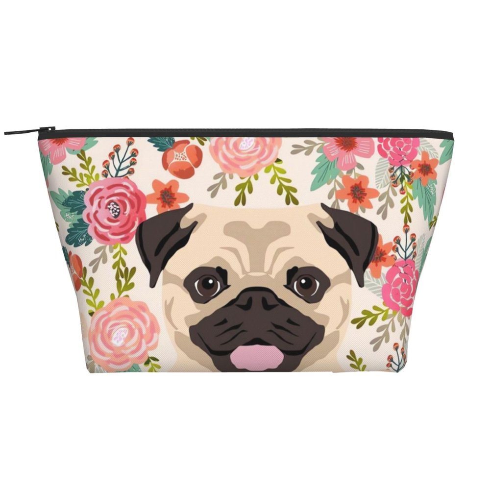 Xsovgoi Pug Dogs Floral Boho Flowers Travel Makeup Bag Organizer, Cosmetic Bags, Multi Purpose Pouch Bag