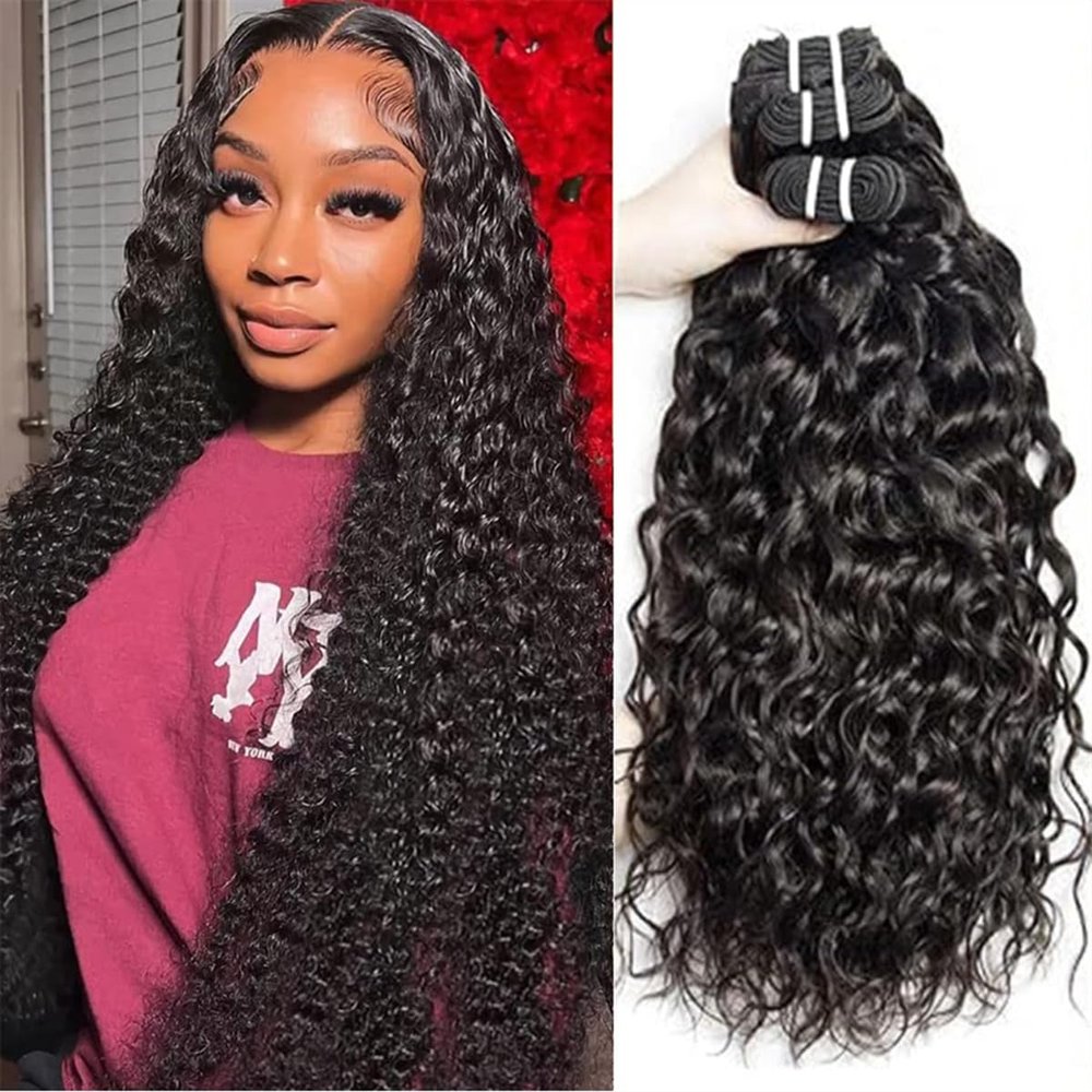 Ladiaryf Water Wave Bundles Human Hair Soft Brazilian Virgin Human Hair 100% Unprocessed Wet and Wavy Curly Bundles Natural Black Color Can Be Dyed Total 300g 16 16 16 Inch