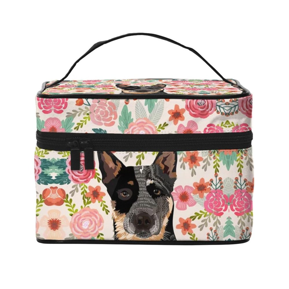 Xsovgoi Australian Cattle Dogs Floral Boho Flowers Travel Makeup Bag Organizer, Portable Cosmetic Bags, Multi Purpose Pouch Bag