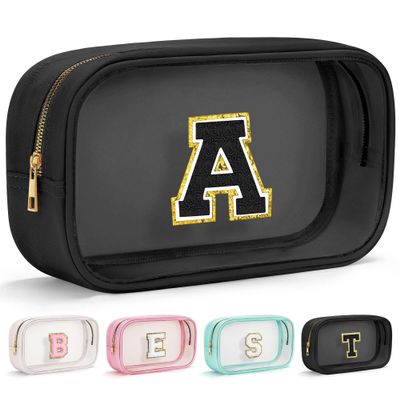 YOOLIFE Initial Makeup Bag Travel Toiletry Bag Clear Makeup Bag Cosmetic Bags Travel Essentials Gifts for Girls Teen Girlfriend Teacher Birthday Birthday Gifts for Kids Black Graduation Gifts A