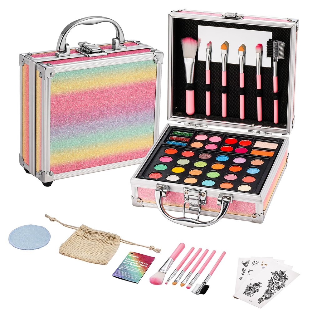 Anpro All-in-One Makeup Kit for Girls 10-12 with Case, Pro Teen Makeup Set, Tween Makeup Kit, Full Starter Make Up Kit with Brushes, Eyeshadow Palette, Blushes, Glitter Gel, Temporary Tattoo Stickers