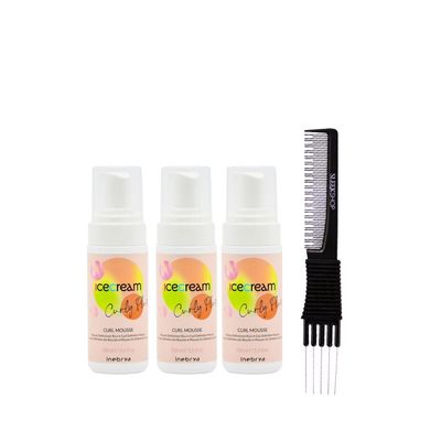 kuss Inebrya Ice Cream Curly Plus Mousse (5 oz) with Teasing Comb Pack of 3