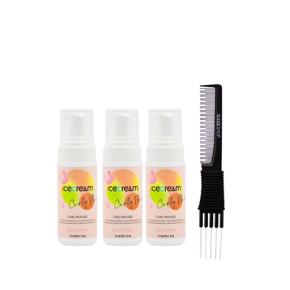 kuss Inebrya Ice Cream Curly Plus Mousse (5 oz) with Teasing Comb Pack of 3