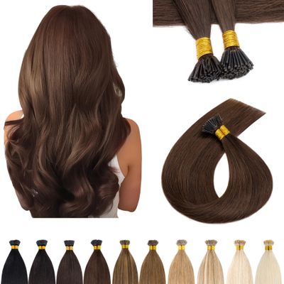 SEGO I Tip Hair Extensions Human Hair Keratin Pre Bonded MicroBeads Tip Balayage Natural Silky Straight Extensions 100 Strands 50g/Pack -16 Inch Medium Brown