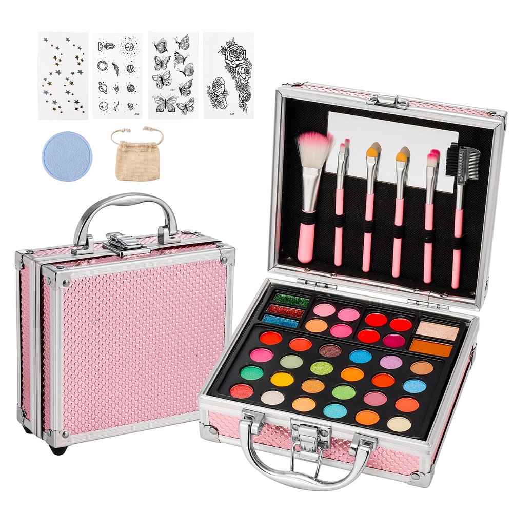 Anpro All-In-One Makeup Kit for Girls 10-12 with Case, Pro Teen Makeup Set, Tween Makeup Kit, Full Starter Make Up Kit with Brushes, Eyeshadow Palette, Blushes, Glitter Gel, Temporary Tattoo Stickers