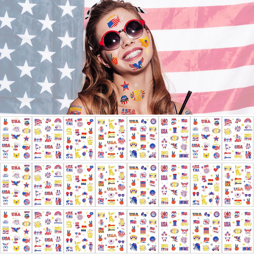 376 PCS 24 Sheets Independence Day Temporary Tattoo Sticker Bulk, 4th of July Party Supplies Photo Booth Props, Patriotic Parade Accessories, Long Lasting USA Face and Body Temporary Tattoo