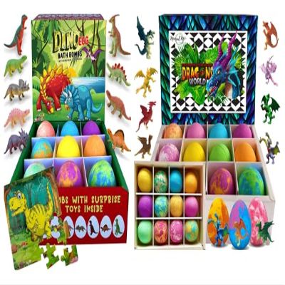 Bath Bombs for Kids with Surprise Toys Inside Plus Dinosaur Puzzle, Set of 9 Organic Dino Egg Bath Bombs, Bath Bombs for Kids with Surprise Inside, 12 Organic Bubble Bath Fizzes with Dragon Egg Toys
