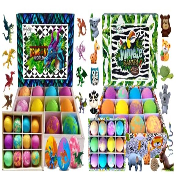 Bath Bombs for Kids with Surprise Inside - 12 Organic Bubble Bath Fizzies with Dragon Egg Toys, Bath Bombs for Kids with Surprise Inside, 12 Organic Bubble Bath Fizzies with Jungle Animal Toys