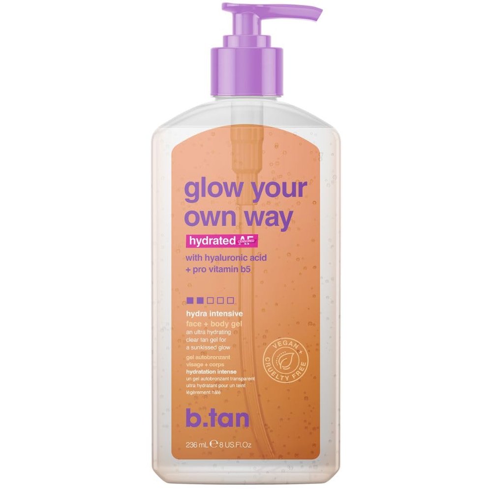 b.tan Face & Body Clear Self Tan Gel | Glow Your Own Way Hydrated - Ultra Hydrating, Transfer-Resistant, Gradual Sunless Tanning Gel for Face and Body, Vegan, Cruelty Free Self Tanner, 8 Fl Oz