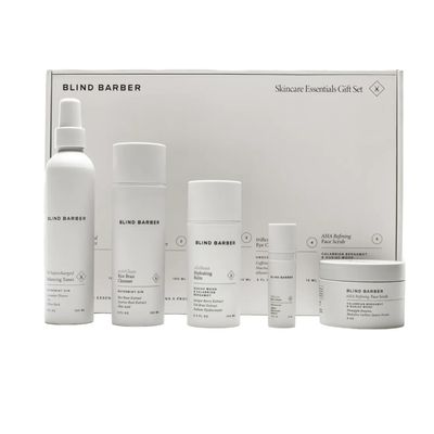 Blind Barber Regimen Skin Care Set - Face Scrub, Under Eye Cream, Supercharged Face Toner, Rice Bran Facial Cleanser & Hydrating Balm - 5 Mens Skin Care Products for Daily Use - (5 Count)