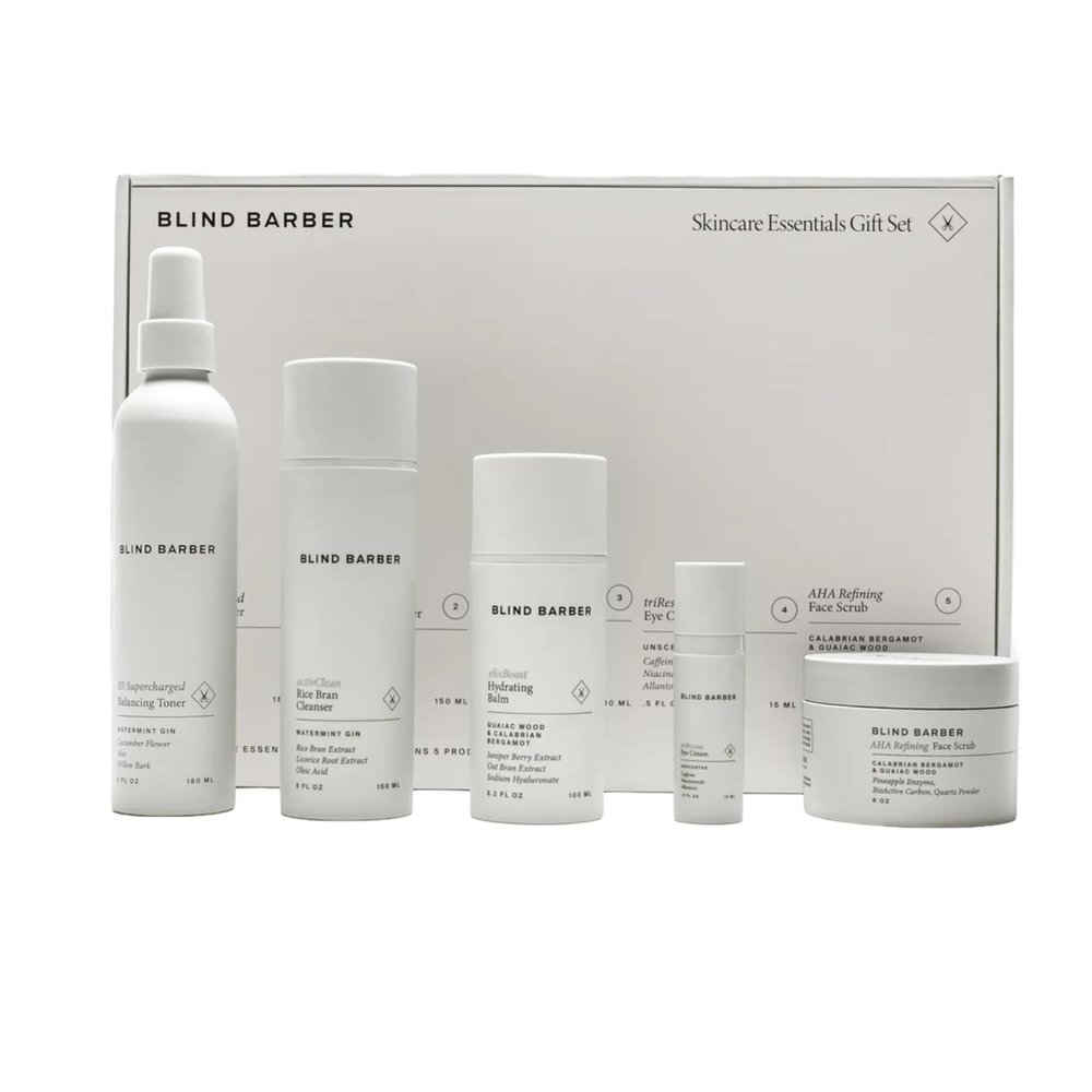 Blind Barber Regimen Skin Care Set - Face Scrub, Under Eye Cream, Supercharged Face Toner, Rice Bran Facial Cleanser & Hydrating Balm - 5 Mens Skin Care Products for Daily Use - (5 Count)