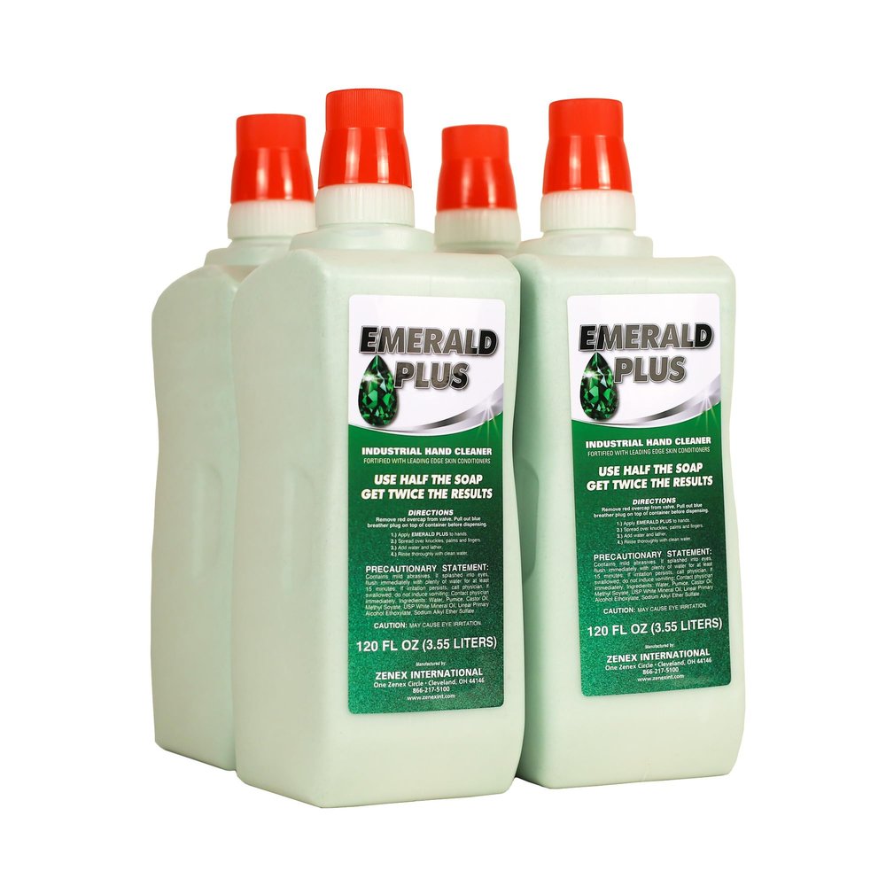 Zenex Emerald Plus Hand Soap - Industrial Hand Cleaner | Heavy Duty Detergent & Pumice Shop Soap | Dissolves Grease, Oil, Tar, Paint | Lemon Scent | Moisturizing | 3.55 L (4 Count), Green
