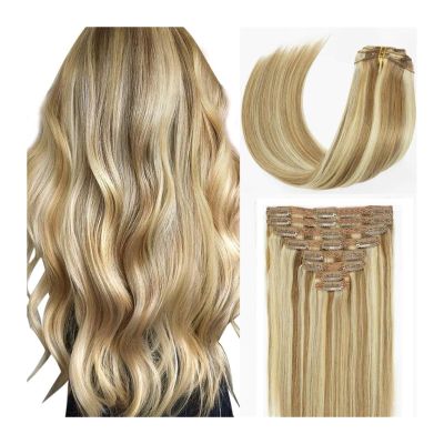Hair Extensions 120G Real Hair Extensions Clip in Human Hair Natural Silky Straight Hair Extensions Balayage Clip in Hair Extehsions Golden Brown P8/613 Mixed Bleach Blonde Hair Extensions Clip in ( S