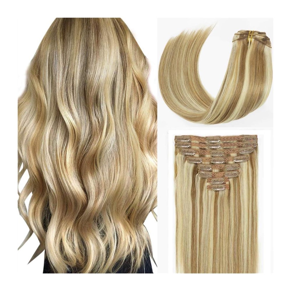 Hair Extensions 120G Real Hair Extensions Clip in Human Hair Natural Silky Straight Hair Extensions Balayage Clip in Hair Extehsions Golden Brown P8/613 Mixed Bleach Blonde Hair Extensions Clip in ( S
