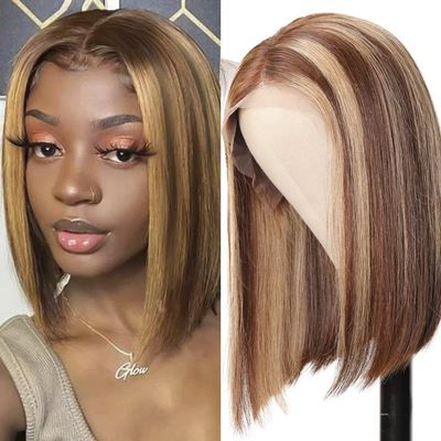 12 inch Bob Wig Human Hair 13x4 Ombre Bob Lace Front Wigs 180% Density HD Transparent Ombre Frontal Bob Wigs Pre Plucked with Baby Hair Short Straight