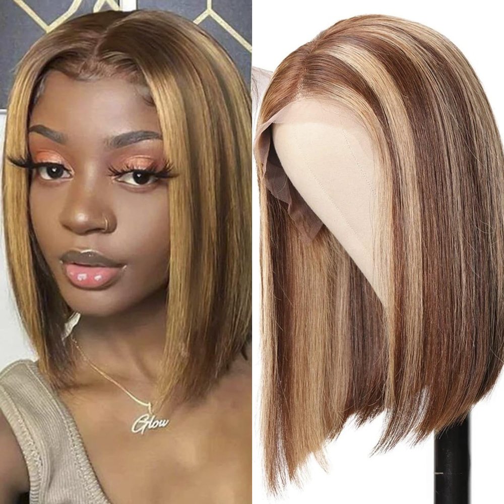 12 inch Bob Wig Human Hair 13x4 Ombre Bob Lace Front Wigs 180% Density HD Transparent Ombre Frontal Bob Wigs Pre Plucked with Baby Hair Short Straight