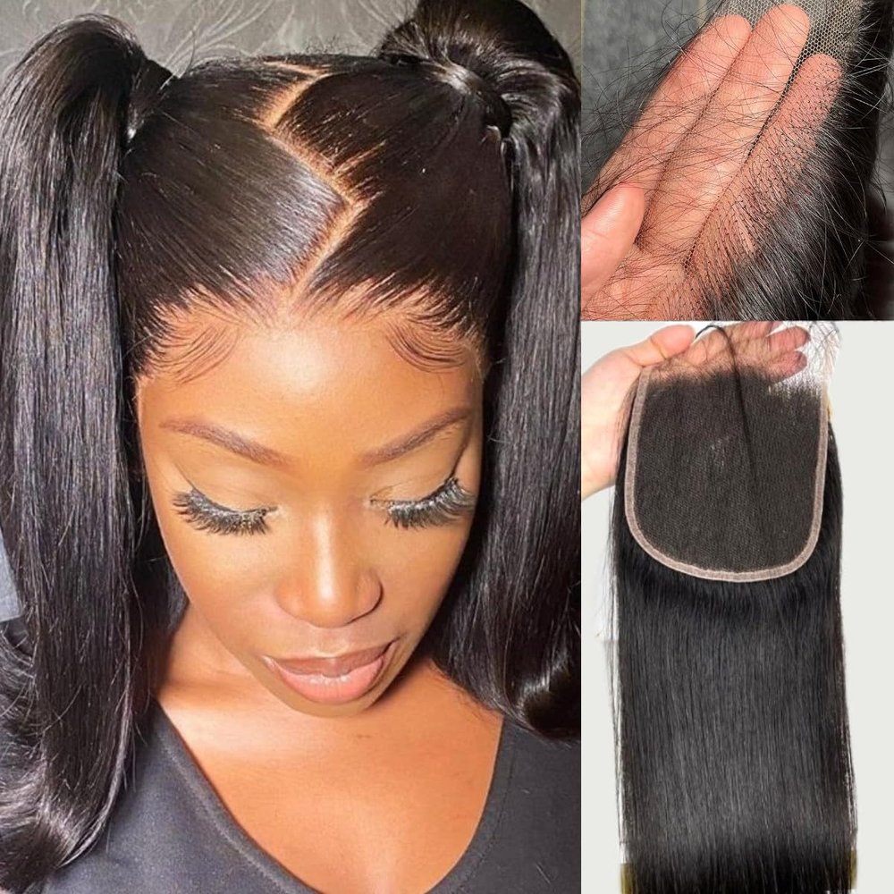 Mnador 5x5 SKINLIKE Real HD Lace Closure Straight Human Hair 0.095mm Ultra-thin hd lace Closure with Tiny knots Brazilian Virgin Human Hair Free Part Closure pre plucked with Natural Hairline, 14inch