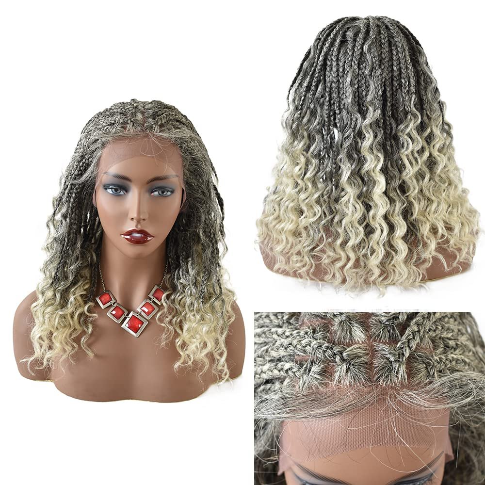 NinthAvenue Basics 18"" HD Short Boho Box Braided Wigs Knotless Cornrow Box Braid Wig for Women With Baby Hair 4 3/4"" x12 1/2"" Lace Frontal Synthetic Fiber Lightweight Braiding Wigs#1B/613T-#Black/BlondeT
