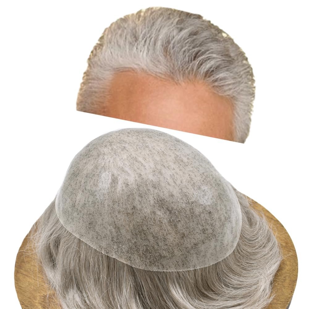 Healthlif Mens Toupee Human Hair Piece For Men 0.1mm-0.12mm Poly Skin Toupee Human Hair Replacement Mens Hairpieces Protesis Capilar Para Hombre 8X10#1B90#1B Off Black+90% Grey 100% Density