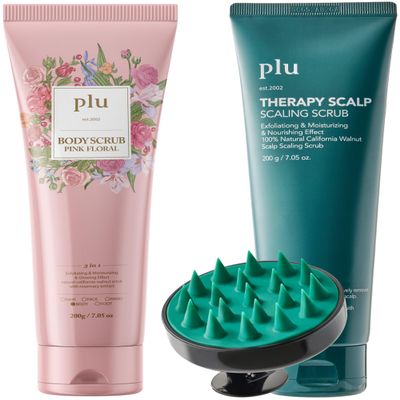 PLU Therapy Scalp Scaling Scrub with Silicone Scalp Massager Brush & Walnut Body Scrub Pink Floral with Manuka Honey Bundle
