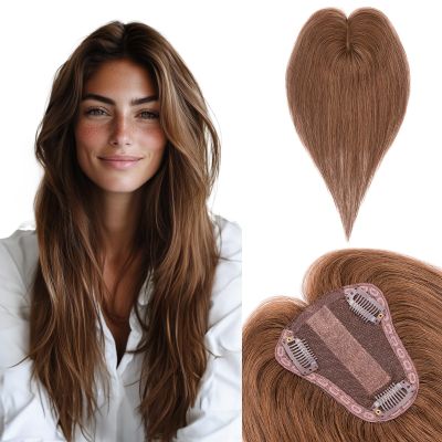 Benehair Hair Toppers for Women Real Human Hair 100% Remy Human Hair Pieces for Women with Thinning Hair 8 * 10cm Lace Silk Base 12 Inch 35g Clip in Hair Extensions Golden Brown