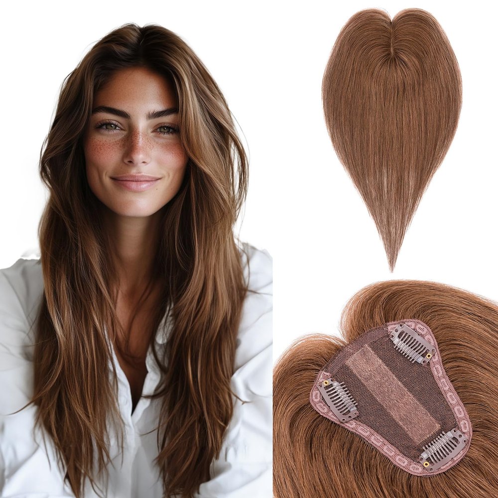 Benehair Hair Toppers for Women Real Human Hair 100% Remy Human Hair Pieces for Women with Thinning Hair 8 * 10cm Lace Silk Base 12 Inch 35g Clip in Hair Extensions Golden Brown