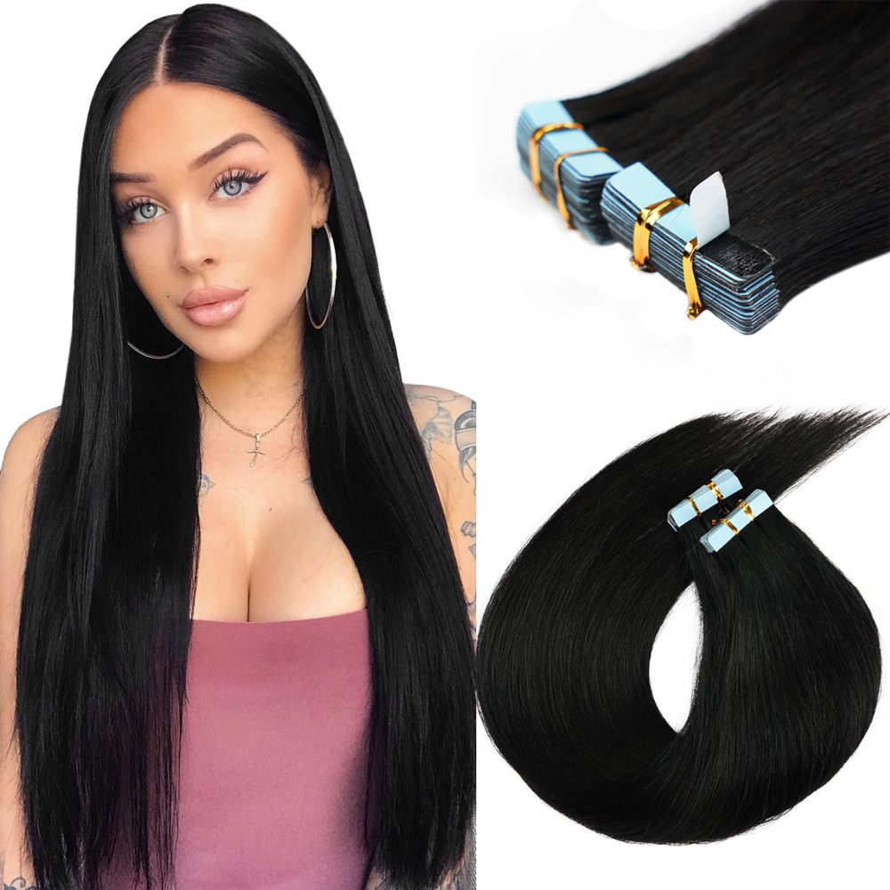 18 inch Tape in Hair Extensions Human Hair Invisible Straight Tape Hair Extensions for Women 20 Pcs/50g Seamless Skin Weft Real Hair Extension Tape ins Human Hair #1 Jet Black