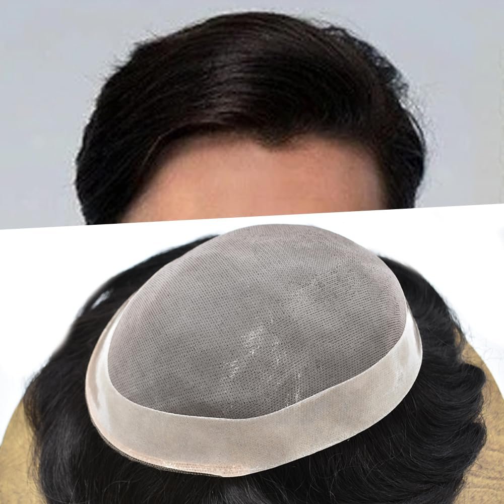 Hair System Toupee for Men Fine Mono Lace Mens Toupee Human Hair Replacement System Durable NPU Monofilament Hair Piece For Men 1B# OFF BLACK9x11 120% medium density