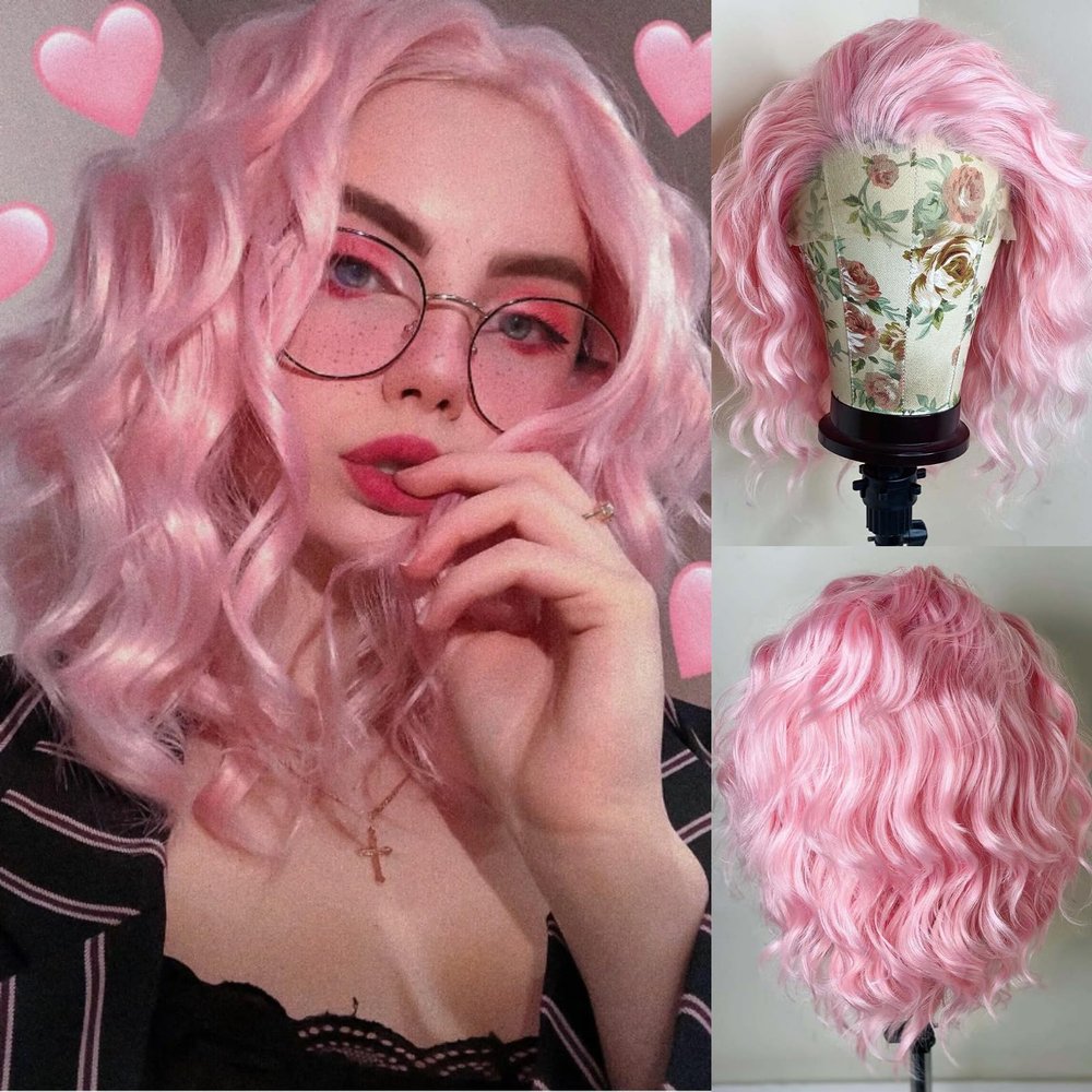 Imeya Pastel Pink Wig Short Curly Bob Wig Free Part, Synthetic Lace Front Short Pink Wigs for Women, Light Pink Short Bob Wig Heat Resistant Fiber Curly Wig for Daily Party Cosplay Costume