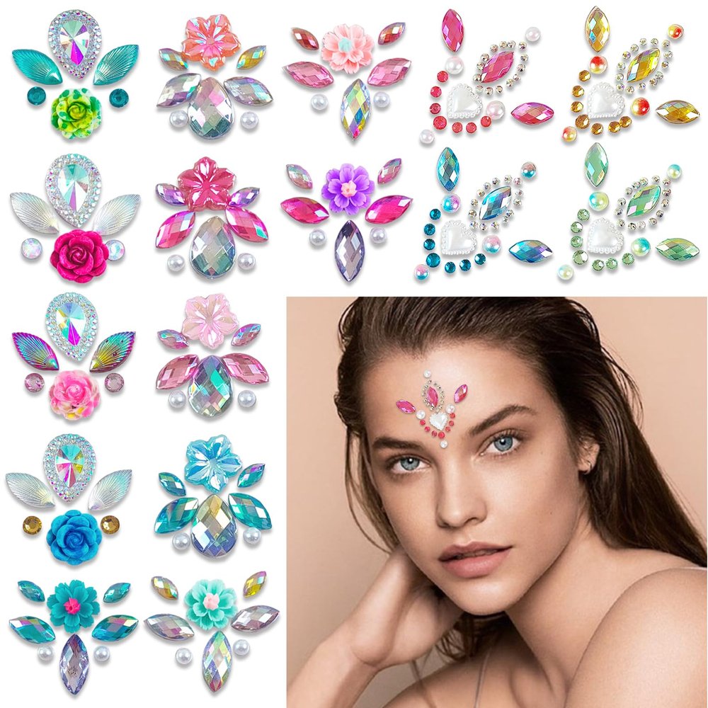 16Pcs Face Gems Stickers with Women Girls Diamond Forehead Sticker Rhinestones Pearl Spring Theme Flowers Decoration Festival Party Self-Adhesive DIY Body Art Decals