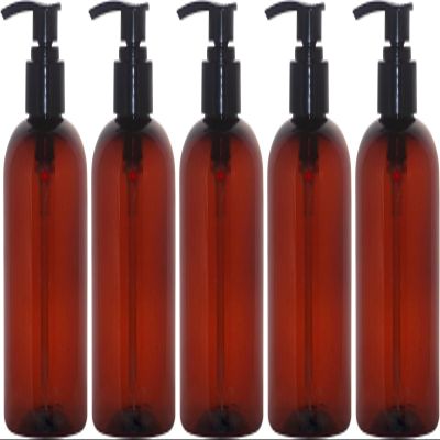 16 oz Amber Boston Plastic Bottles with Pump Cap BPA Free - Shampoo, Lotion, Liquid Soap, Air Fresheners, Hand Cleaner, Massage Oils (5 Pack)