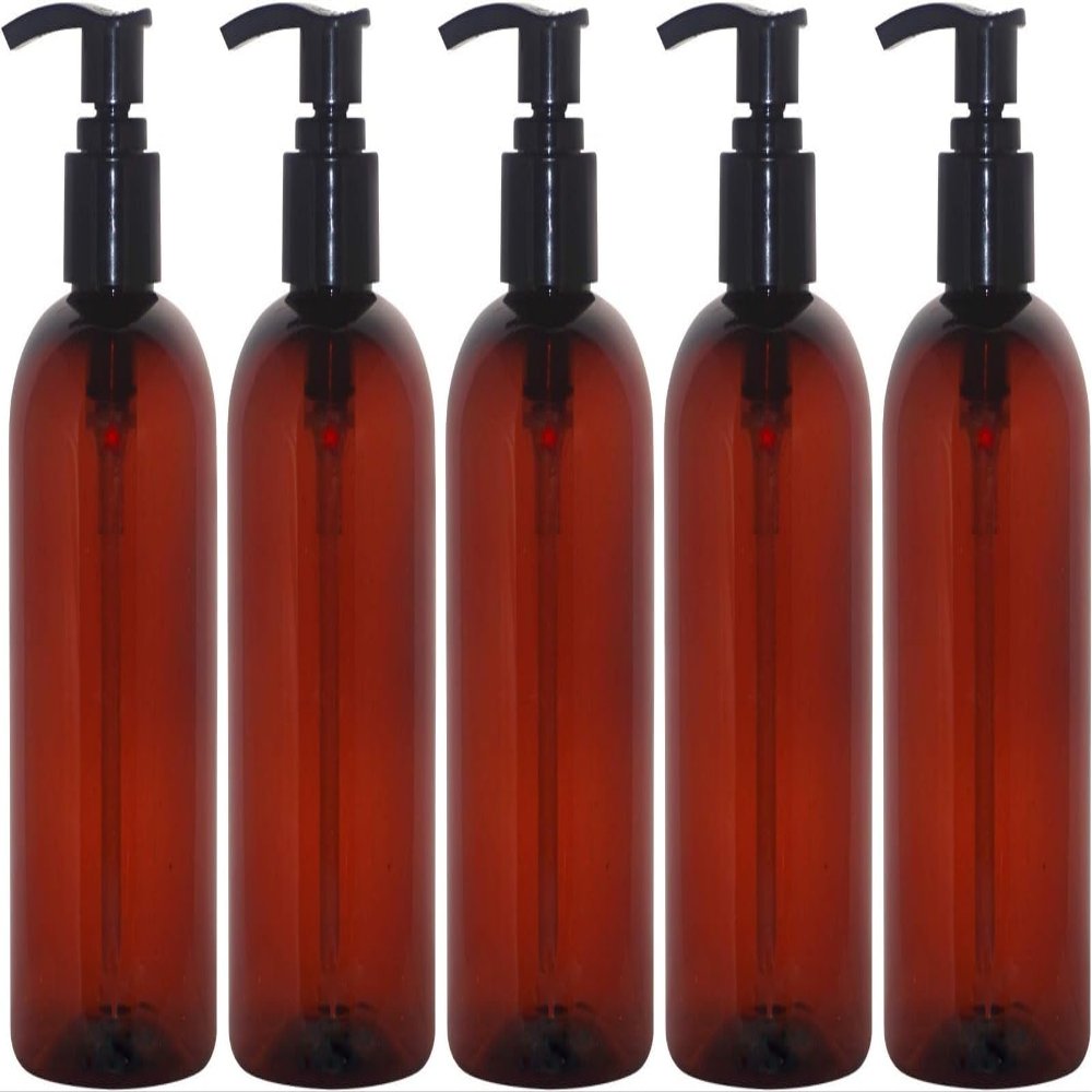 16 oz Amber Boston Plastic Bottles with Pump Cap BPA Free - Shampoo, Lotion, Liquid Soap, Air Fresheners, Hand Cleaner, Massage Oils (5 Pack)