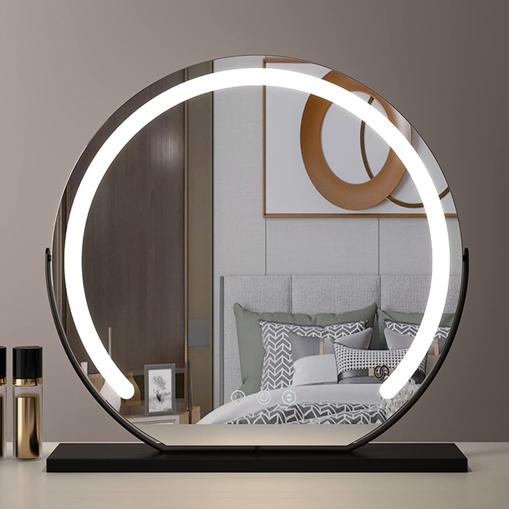 Round Cosmetic Mirror With Led Lights Dimmable Vanity Mirror, Desktop Led Makeup Mirror Touch Switch With 3 Color Light, 360Rotating Cosmetic Mirror , Smart Mirror Touch, Gold ( Color : Black , Size