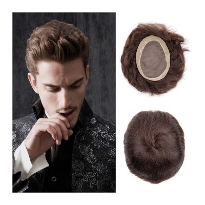 GRFIT Men Toupee Brown Men's Toupee Poly Coating Fine Mono NPU Hairpieces Straight Indian Human Hair Mens Human Hair Replacement Systems Men Hair Tropper (Color : 30mm Wave Toupee 120%, Size : 6x9)