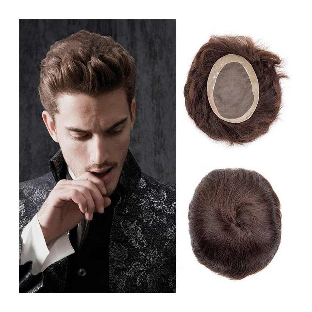 GRFIT Men Toupee Brown Men's Toupee Poly Coating Fine Mono NPU Hairpieces Straight Indian Human Hair Mens Human Hair Replacement Systems Men Hair Tropper (Color : 30mm Wave Toupee 120%, Size : 6x9)