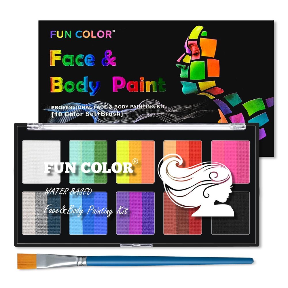 10 Color Rainbow Face Painting Kit - Split Cake Water Activated Palette, Washable Face paint for Kids & Adults. Perfect for Halloween, Party, Cosplay & Body Painting (02#)